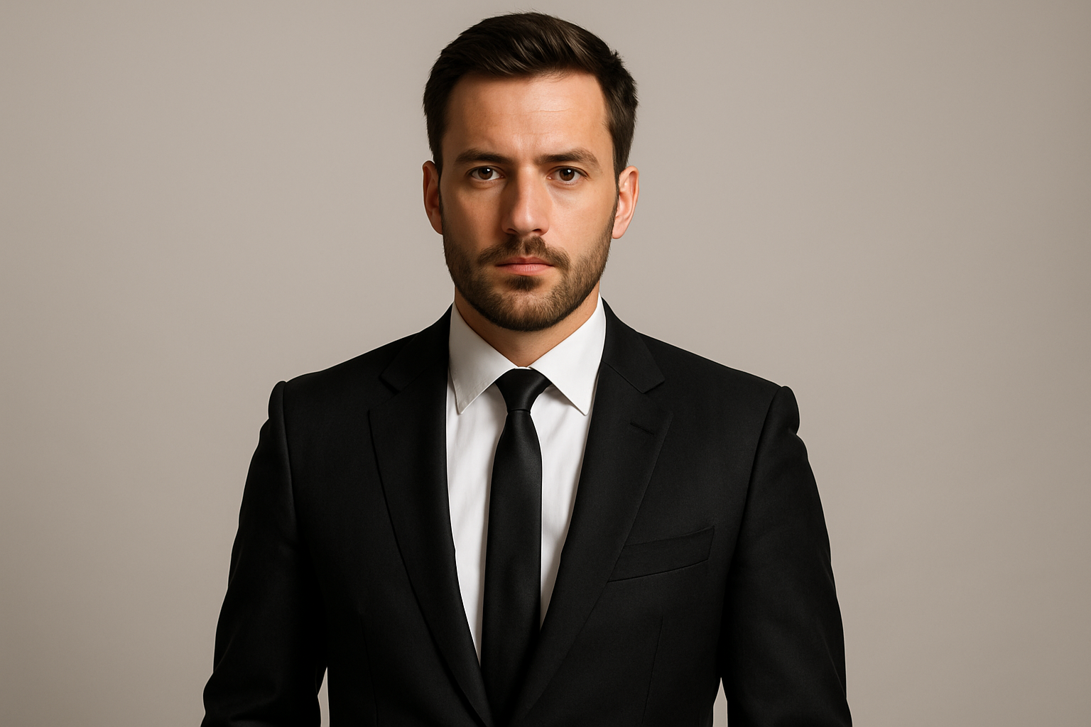 man in black suit with white shirt and black tie